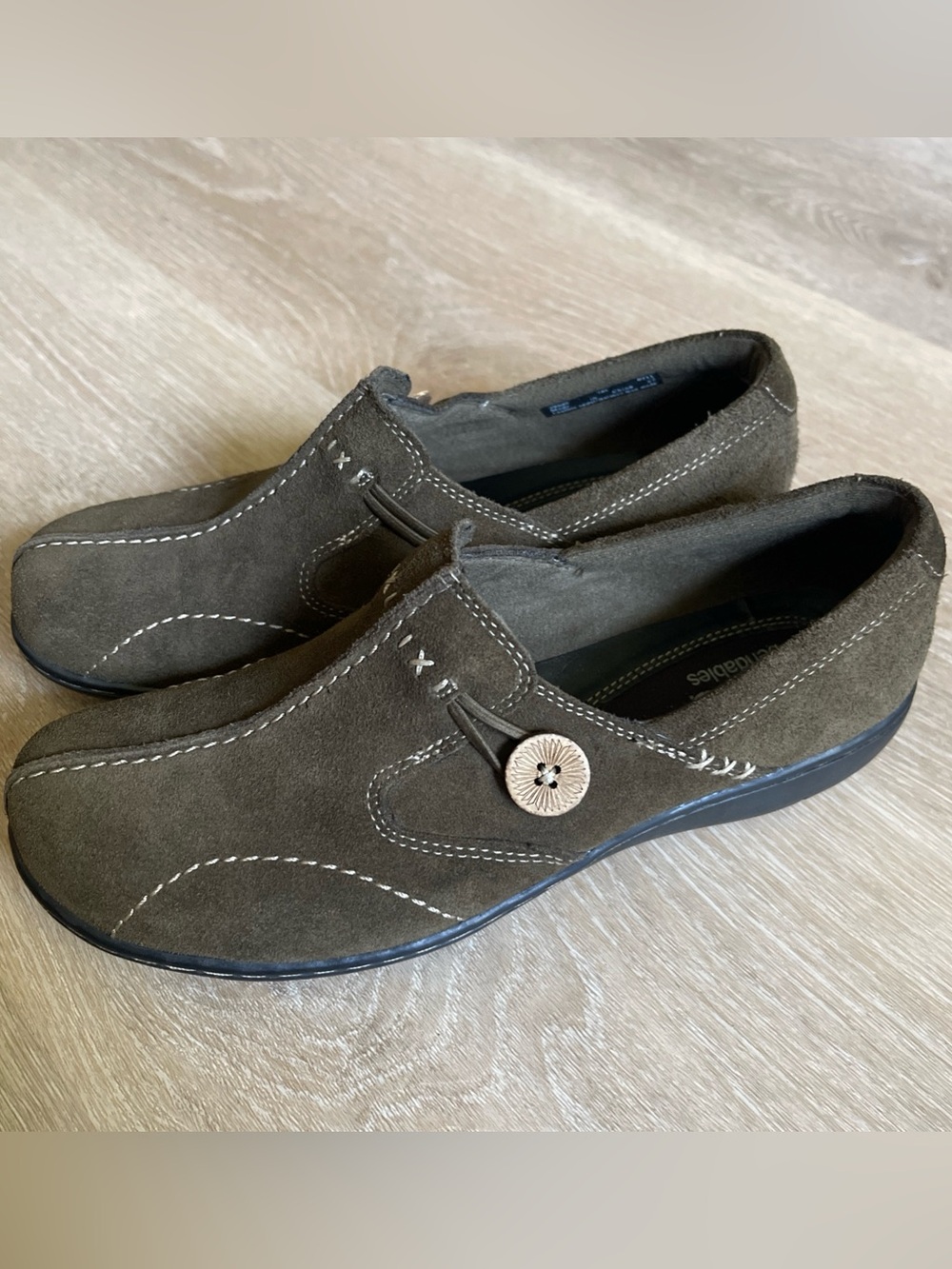 CLARKS Bendables Olive Green Slip On Loafers Button Detail Casual Comfort Shoes